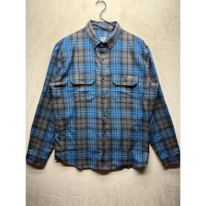 HUK Maverick Flannel Shirt Men M Blue Gray Plaid Performance Fishing Long Sleeve